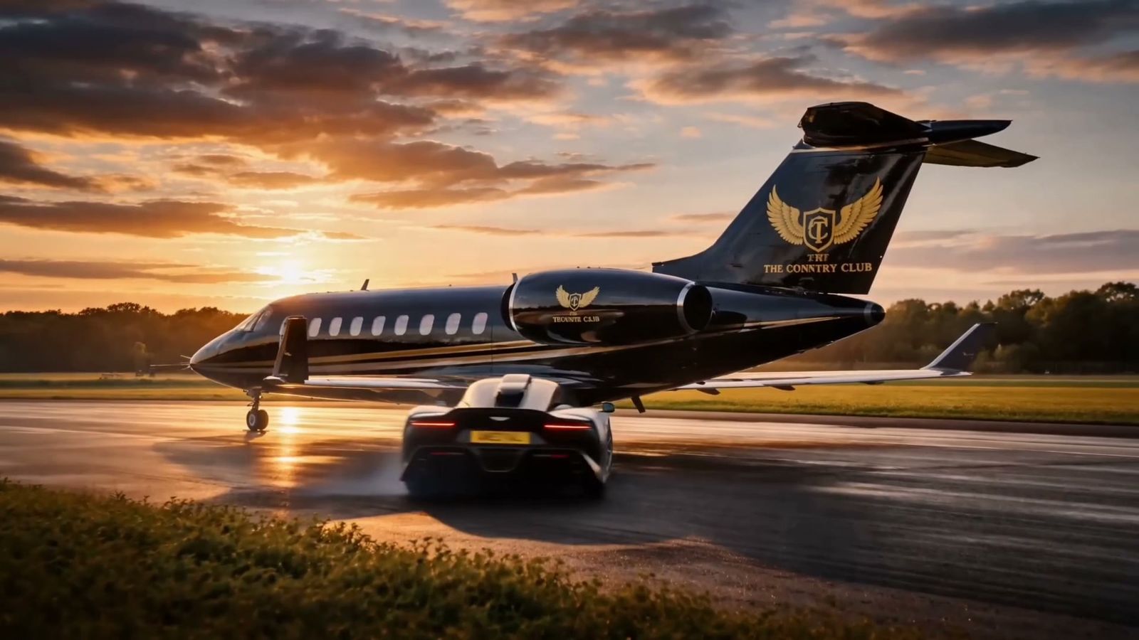 The supercar sliding up to the c1ub's private jet at sunset