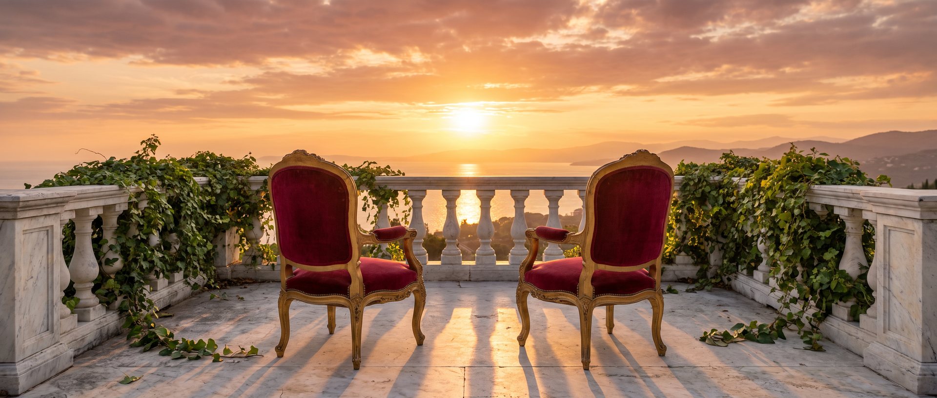 Two crimson velvet chairs on a white marble terrace, ivy spilling over the balustrade, facing the sun setting over the sea