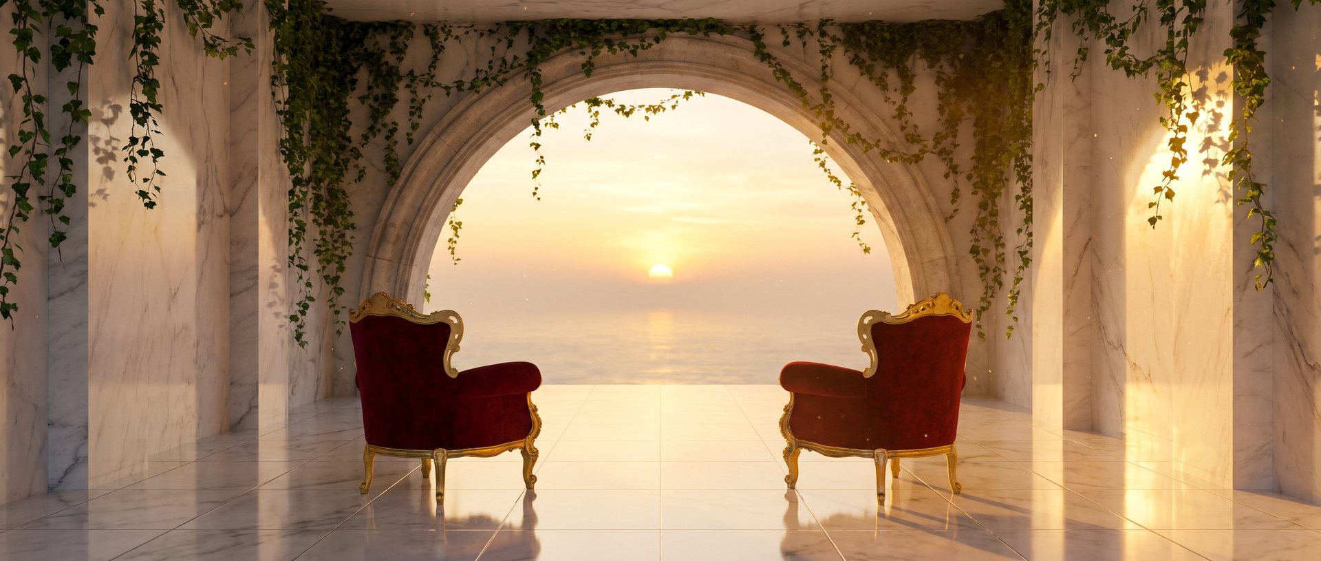 The white marble screening room where the far wall is an open archway of ivy framing the sunset over the sea, two velvet chairs before it