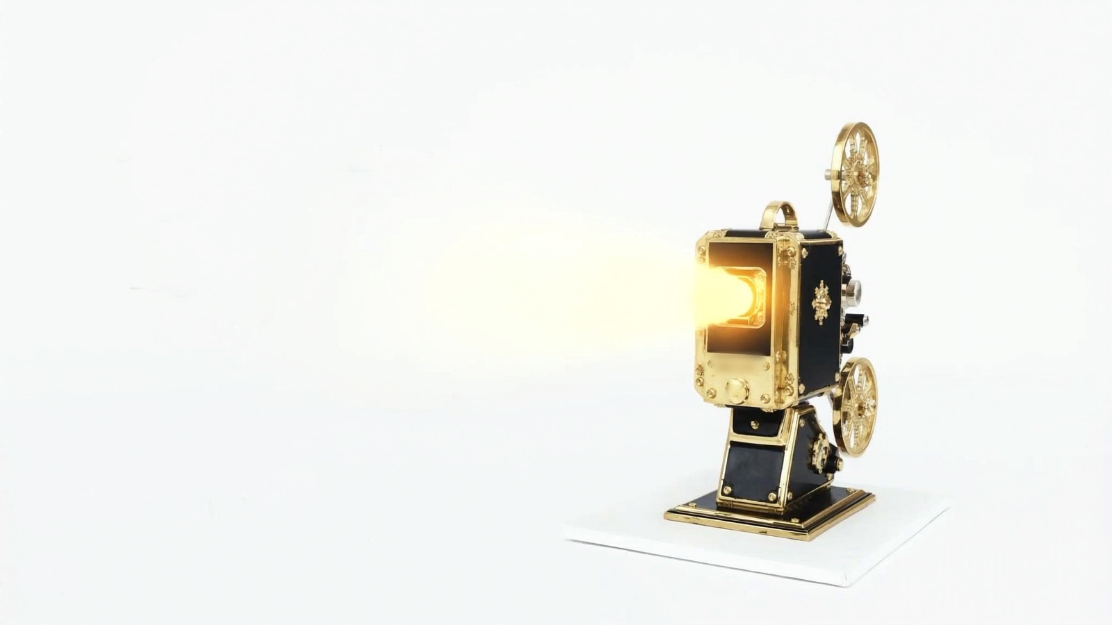 A vintage brass and black film projector standing uncovered on its plinth, casting a warm beam across the white room