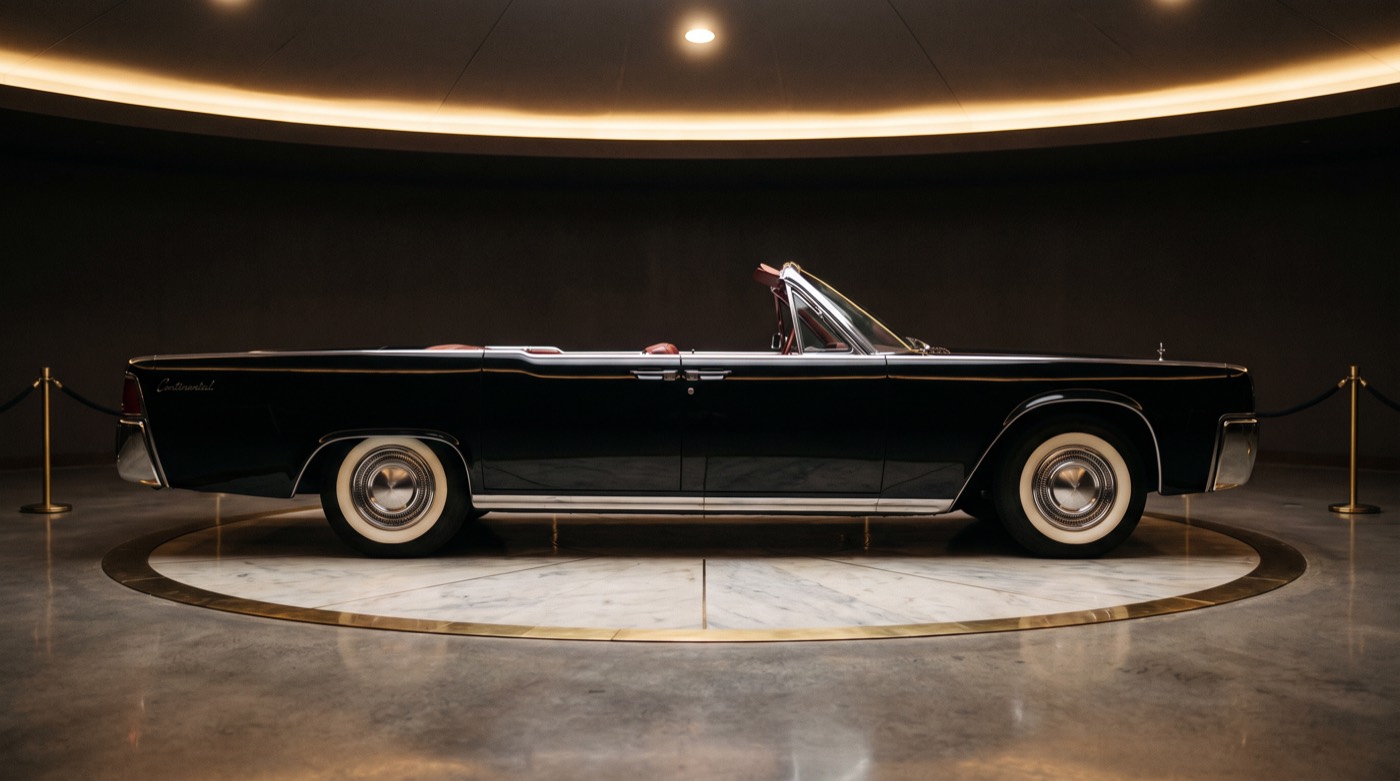 Bill's dream car — a black 1961 Lincoln Continental convertible, top down, on the garage turntable beneath a domed ring of light