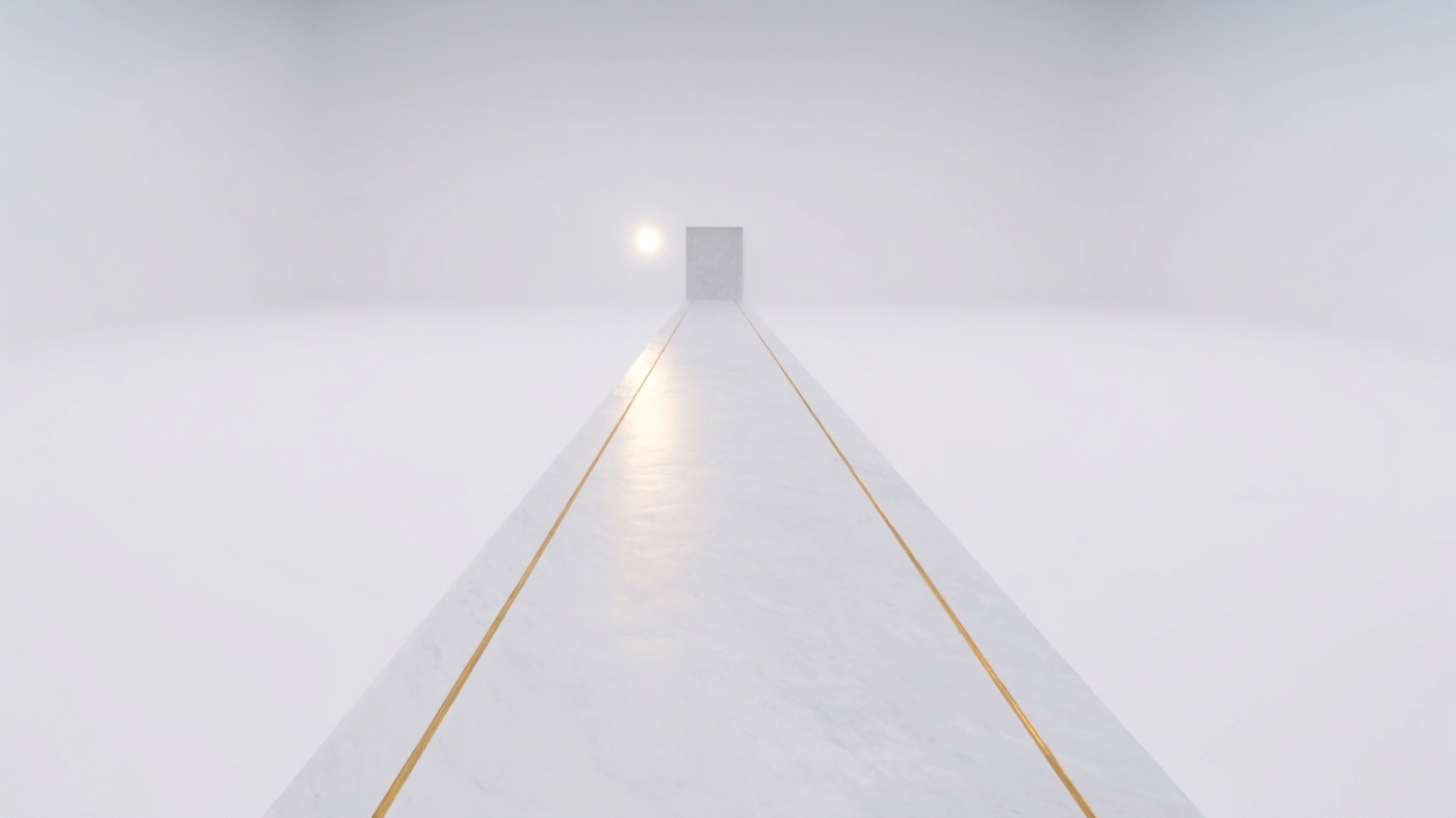 A white marble runway with gold seams stretching into the white toward one warm light