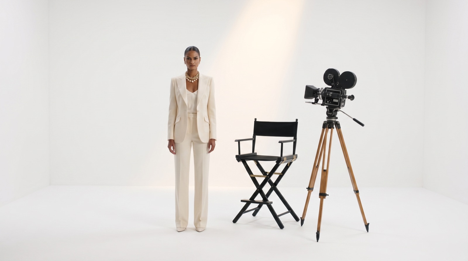 Sky, in the cream suit, standing in the infinite white studio beside a director's chair and a film camera