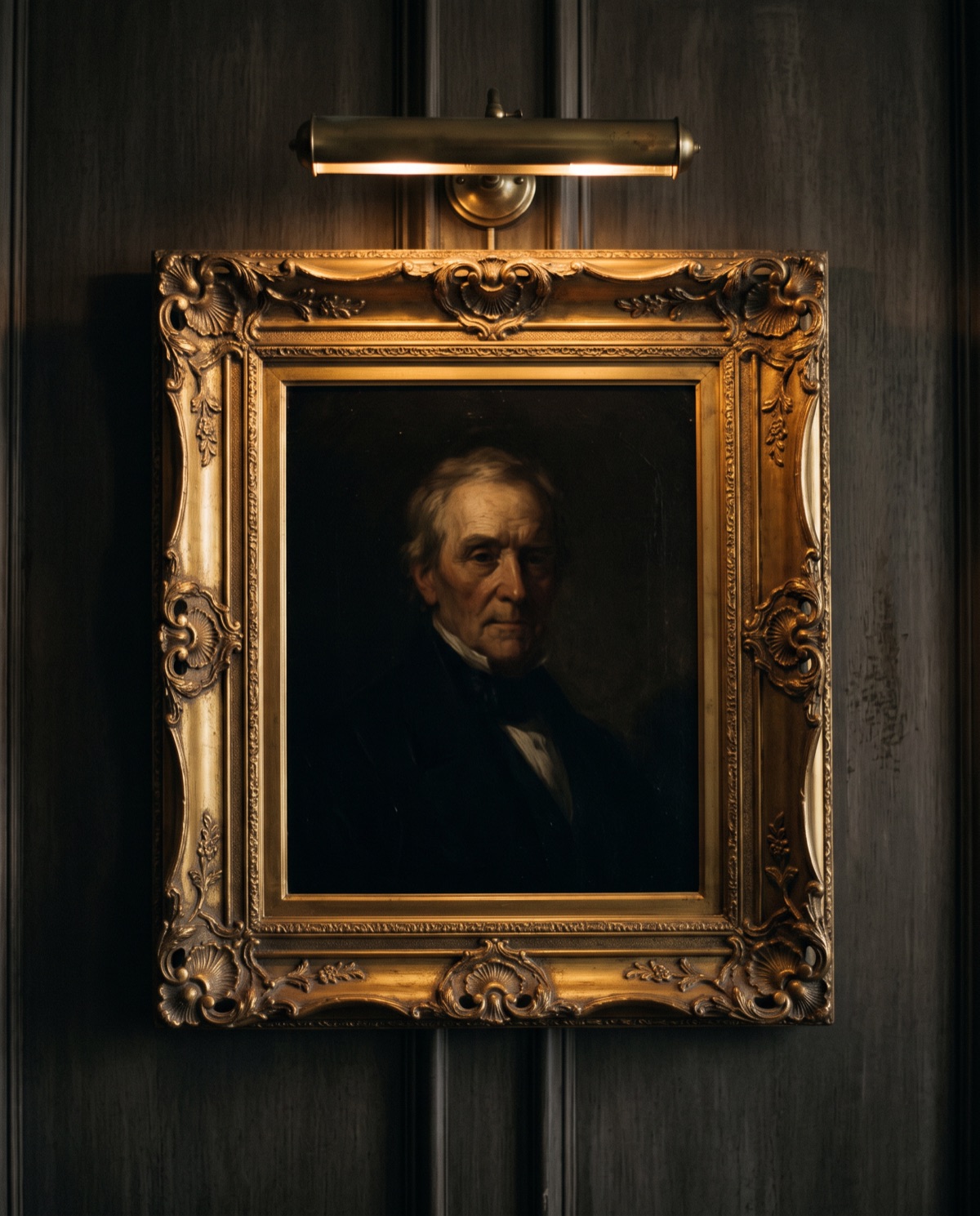 A gilded oil portrait glowing on a dark gallery wall