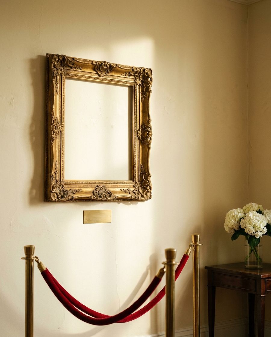 An empty gilded frame behind a velvet rope, waiting on a sunlit gallery wall