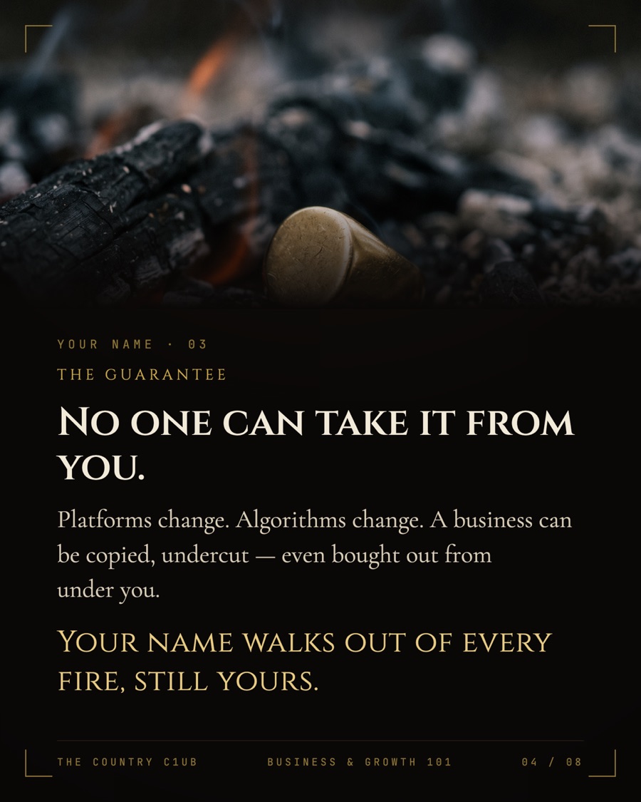Plate four — a gold ring resting in embers: no one can take your name from you