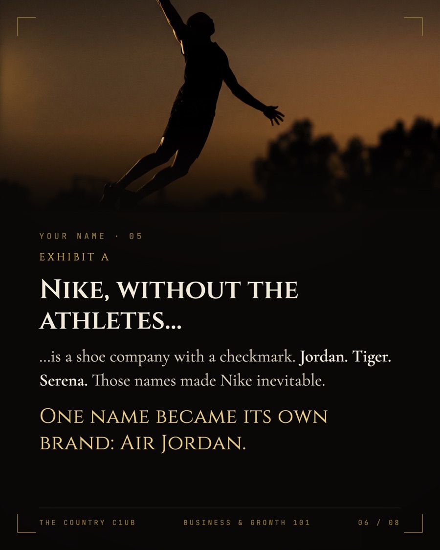 Plate six — an athlete's silhouette mid-dunk: Nike without the athletes is a shoe company with a checkmark