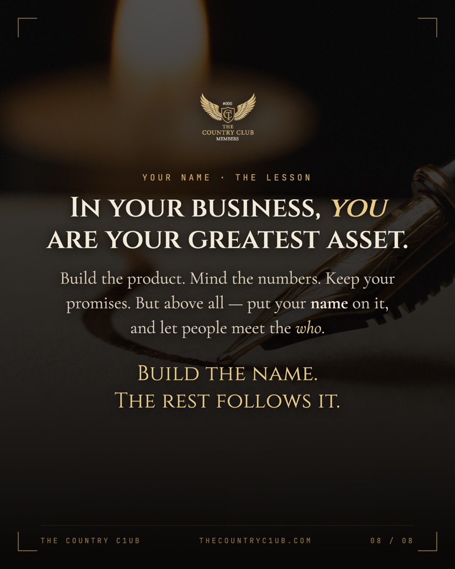 Plate eight — a fountain pen nib and gold ink flourish: build the name, the rest follows it